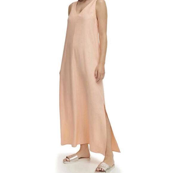 DKNY Linen Blend Sleeveless Maxi Dress Peach Large-Beach Coastal Resortwear EUC - Picture 1 of 10